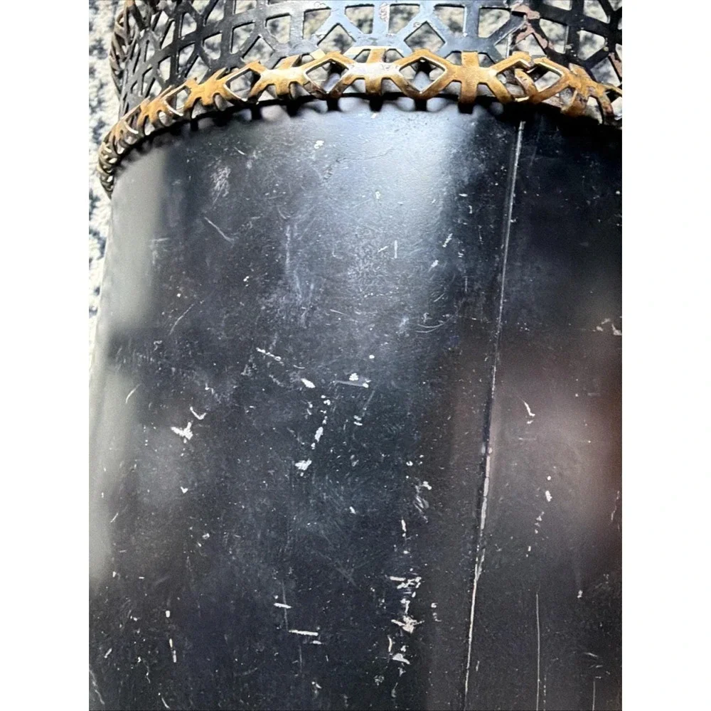 VTG Hand Painted Floral Metal Wastebasket Black Pierced Lattice Toleware Worn!